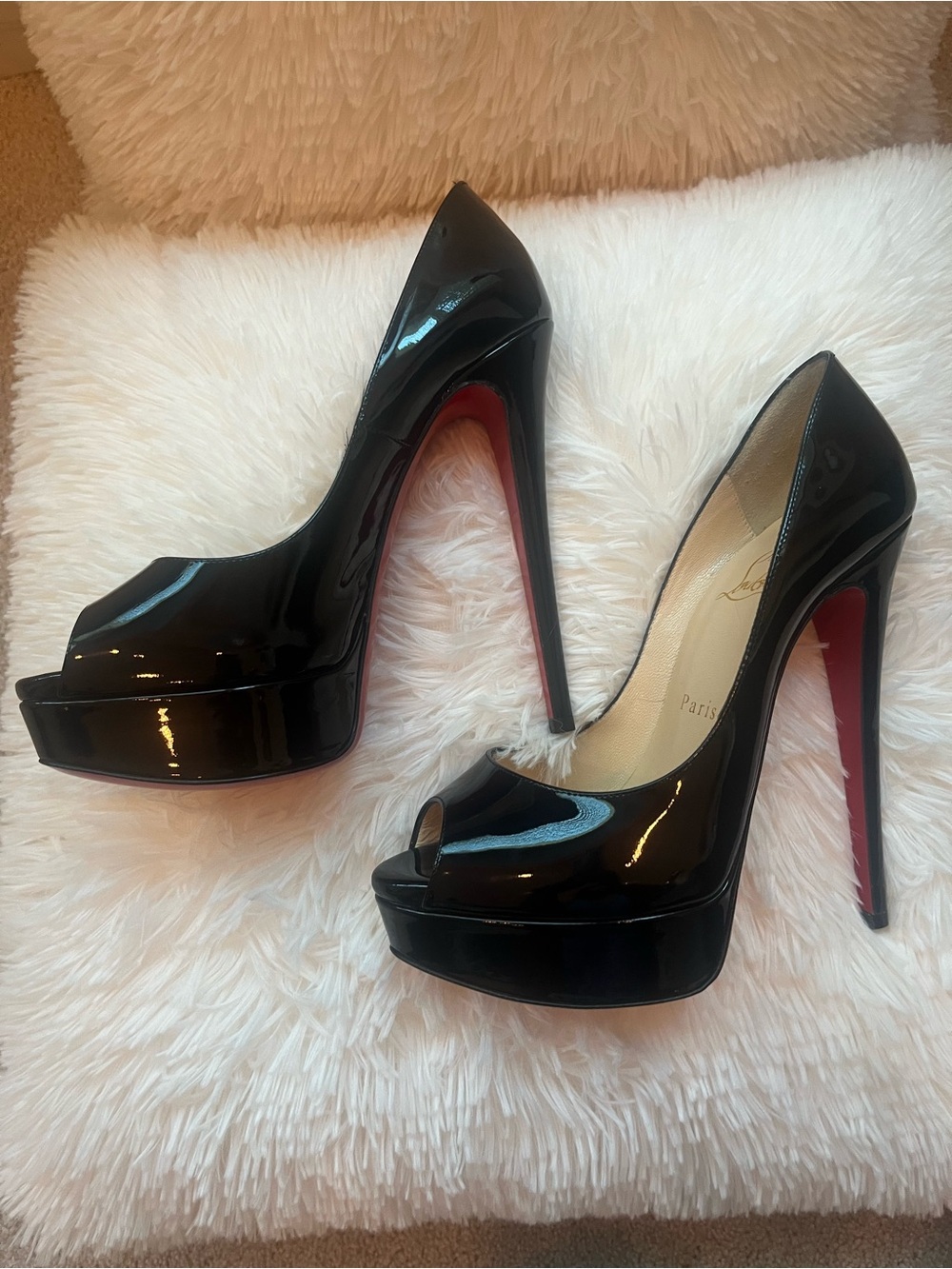 Christian Louboutin Black Patent Peep-Toe Platform Stilettos with Red Soles